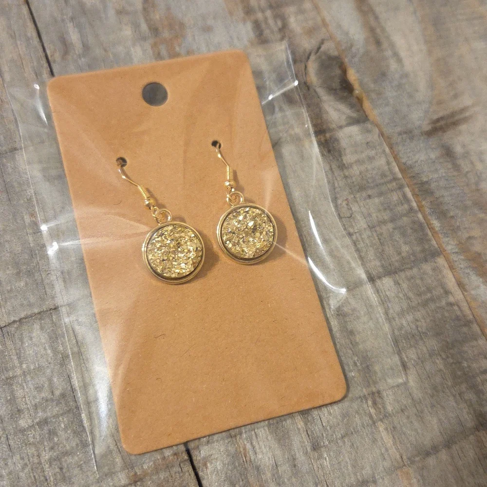 NEW Druzy Sparkly Drop Crystal Round Pendant Dangly Earrings Gold Gem & Gold